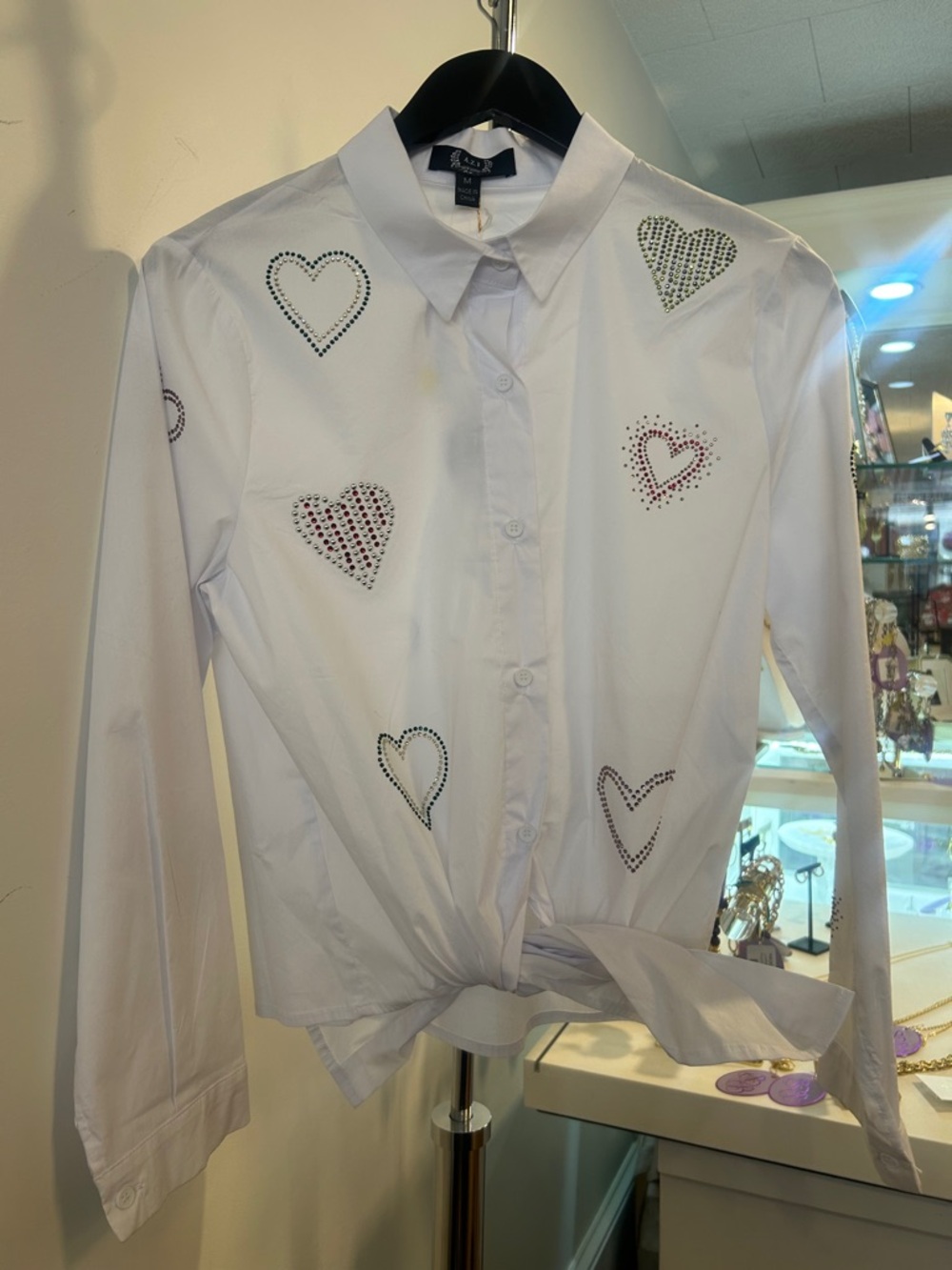 Women's White Tie-Hem Button-Up Blouse with Heart Studs